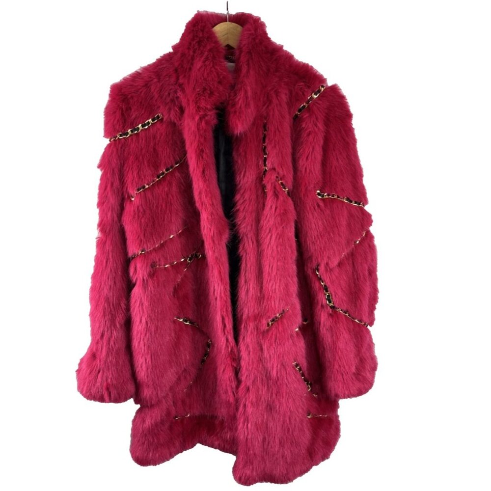 H&M x Moschino Jeremy Scott 2018 Pink Faux Fur Chain Coat XS Sold Out Collab Y2K - Picture 2 of 16